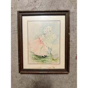 Vintage Framed Print – Girl in Bonnet with Bird – Cottage Wall Art – 11” x 9”